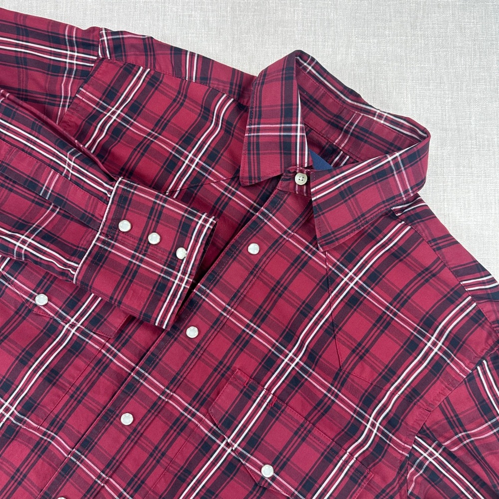 Wrangler Western Shirt Mens Medium Burgundy Plaid Pearl Snap Long Sleeve‎ Yoke